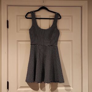 Black and white striped fit and flare dress